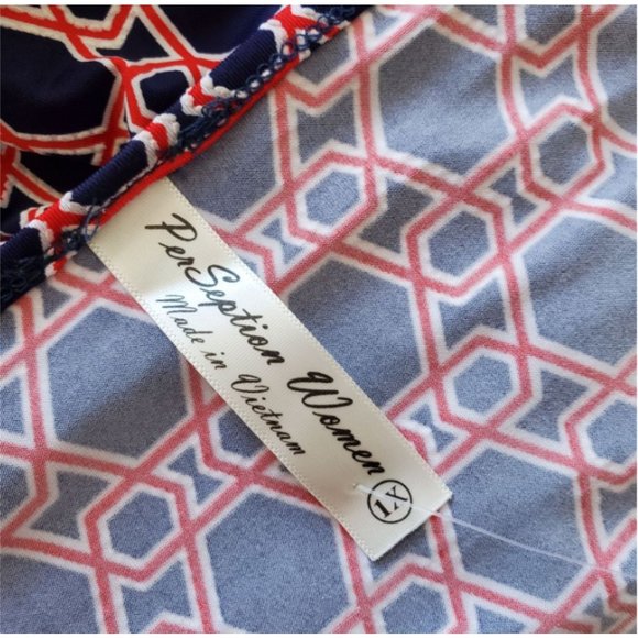 NWT PerSeption Women dress Size 1x navy white red print with faux gold chain - Picture 7 of 8